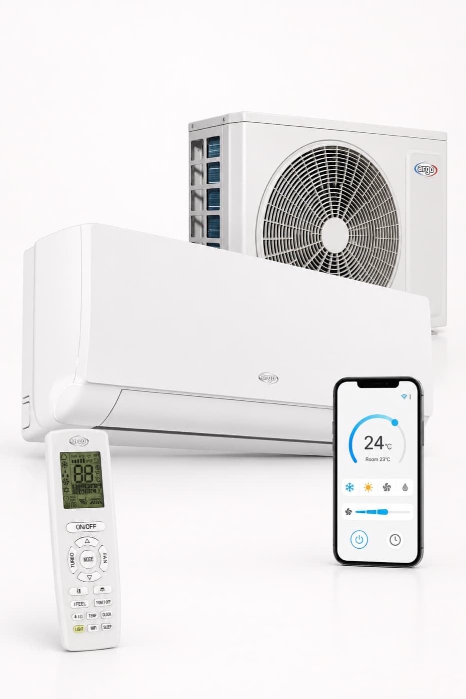 Argo X3I Eco Plus airco-set: binnenunit, buitenunit, afstandsbediening en app-bediening