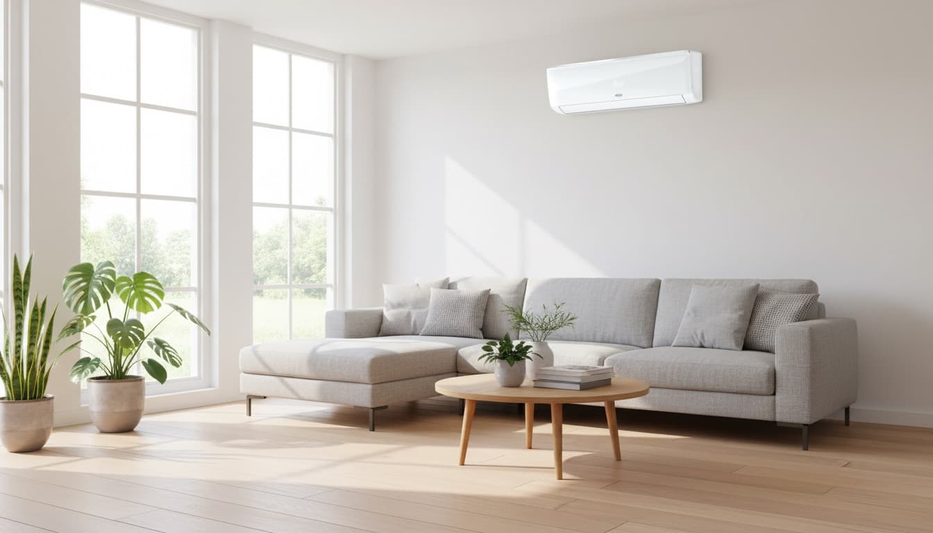 Lichte moderne woonkamer met een Argo airco aan de wand