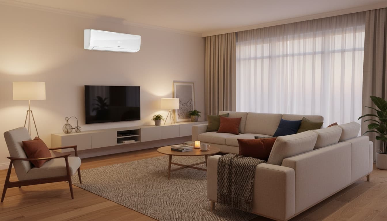 Warme, comfortabele woonkamer met airco in de avond